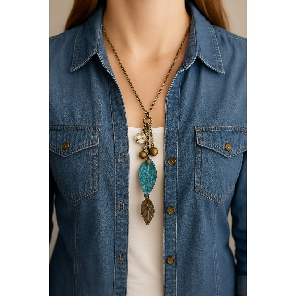 Boho‎ Bronze Long Necklace Turquoise Leaf Pendant Crystal Charm Fashion Jewelry